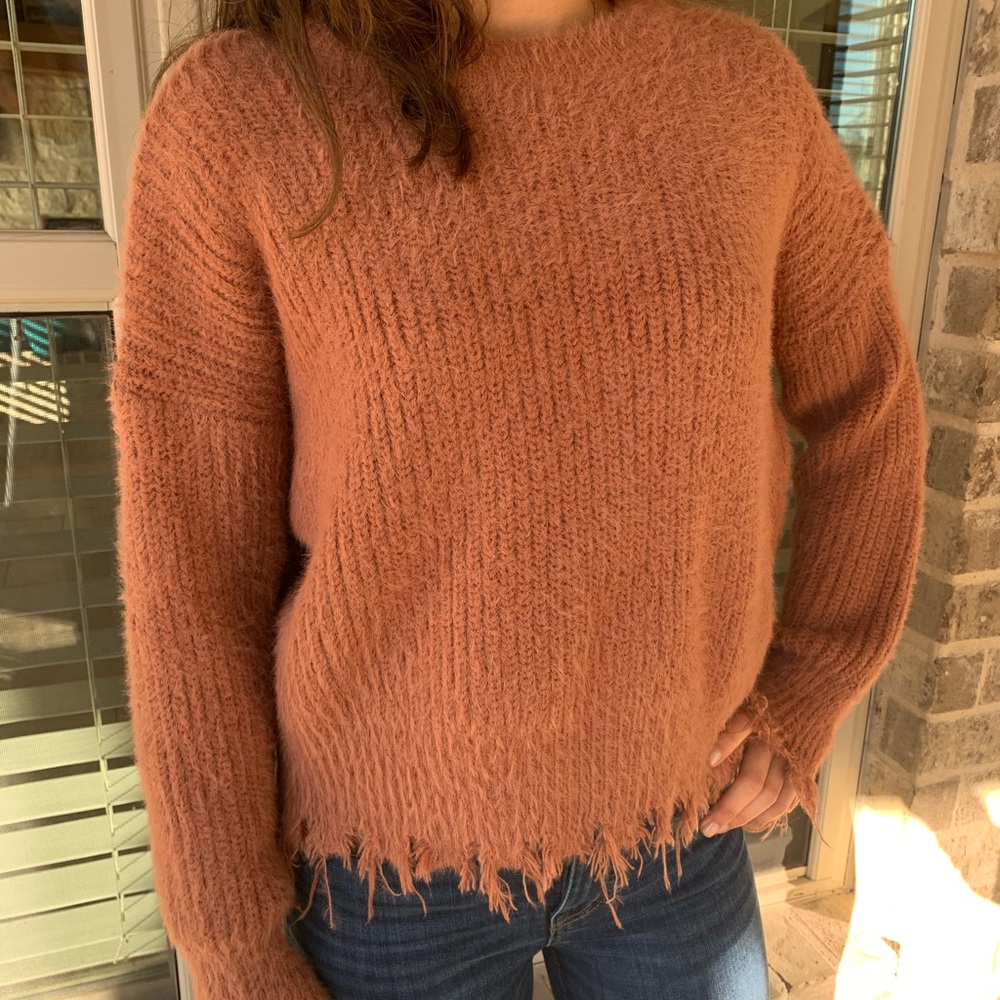 Nordstroms peach colored fray sweater
